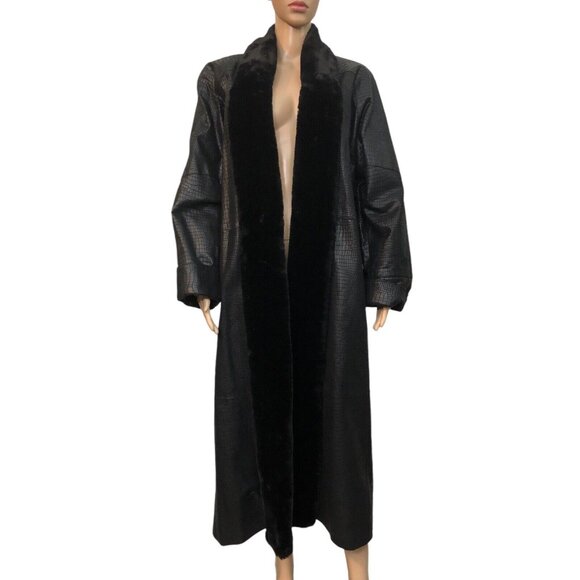 SOLD Vintage 1990s Black Leather Fur Collar Reptile Alligator Trench Coat - Picture 7 of 16